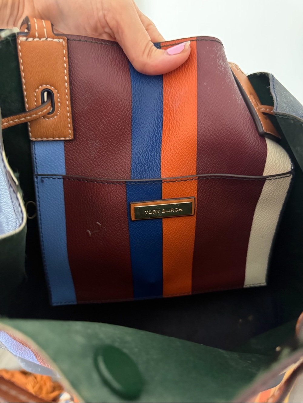 Tory Burch Navy Blue Multi-Stripe Leather Tote - Picture 4 of 5